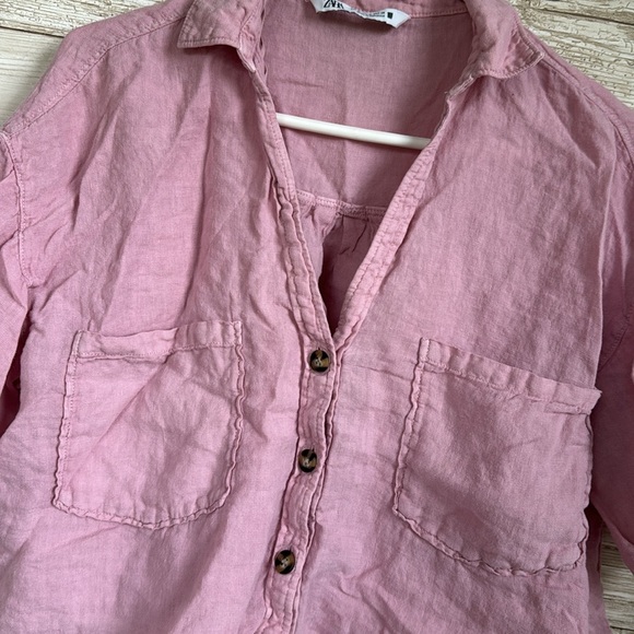 Zara Light Pink Linen Oversized Boxy Shirt Cropped Short Sleeve Blouse Size M - Picture 2 of 5
